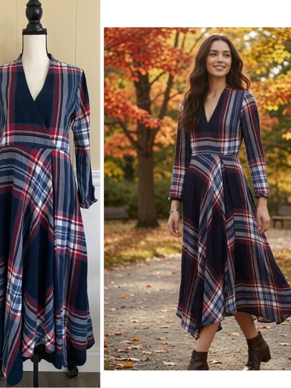 Anthropologie Navy and Red Plaid V-Neck Midi Dress